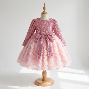 Vestido de Fiesta Rosa con Lentejuelas y Manga Larga para Niñas, Detalle de Lazo, Traje para Cumpleaños y Eventos, Costuras Duraderas, Australia - Product Image 1
