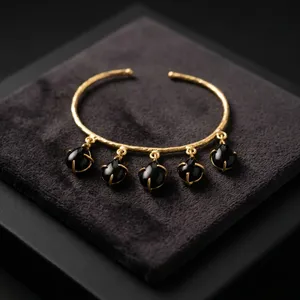 Gold Plated Brass Cuff Bracelet Natural Black Onyx Water Drop Stones Claw Setting Vintage Style <b>Indian</b> Made Unisex Gift Jewelry - Product Image 2