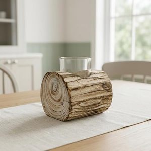 Rustic Wooden <b>Log</b> Tealight Candle Holder with Glass Cup Handmade Natural Wood Table <b>Decor</b> - Product Image 1