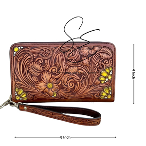 Beautiful Handcrafted Genuine Tooled Leather Zipper Wallet Western Cowgirl Accessory Women <b>Wristlet</b> with Card Slots & Cash/Bill - Product Image 3