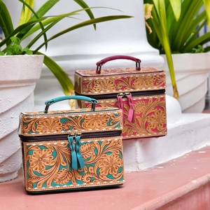 High Quality Designer Hand <b>Tooled</b> Genuine Leather Make-Up Bag Square Shape Case Women Jewelry <b>Box</b> Western Style Travel Organizer - Product Image 5