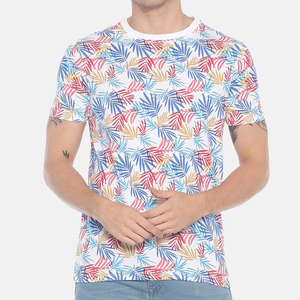 Camiseta de manga corta con cuello redondo y estampado de hojas de palma tropical para hombre, camiseta informal de verano - Product Image 1
