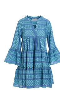 Robe courte en coton jacquard pour femmes, style bohème, col en V, manches cloche - Product Image 4