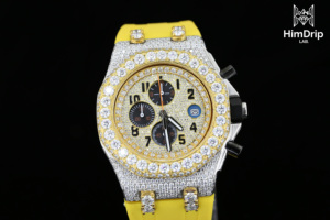 Luxury Men's Antique Vintage Hip Hop Moissanite Encrusted <b>Chronograph</b> Watch Yellow Silicone Strap Gold Bezel 42mm Stainless - Product Image 2
