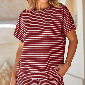 Women's Red <b>White</b> Striped <b>2</b> <b>Piece</b> <b>Set</b> Breathable Polyester Short Sleeve Crew Neck Top Drawstring Shorts Casual Loose Fit Spring - Product Image 4
