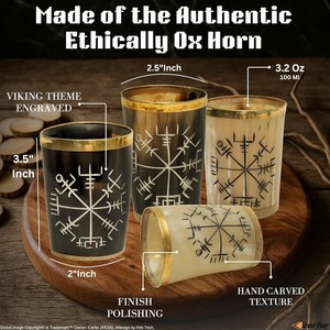 Vasos de Chupito Nórdicos Grabados con Diseño de Cuerno y Borde Dorado, Hechos a Mano, Sostenibles, Diseño Clásico, Estilo Vikingo, Cristalería Decorativa - Product Image 3