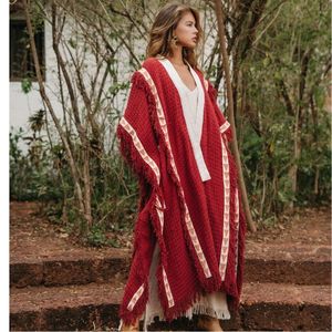 Poncho Rojo Estilo Boho para Mujer, Kimono, Cárdigan, Atuendo para Festival del Desierto, Capa Hippie Bohemia, Prenda para Usar en Capas en Otoño - Product Image 4