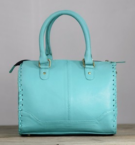 Turquoise 100% Genuine <b>Leather</b> Speedy Duffle Handbag With Cowhide Panel Floral <b>Tooling</b> And Tassel Fringes Sky Blue & White Color - Product Image 3