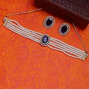 Parure de bijoux de mariée classique en alliage plaqué or rose avec perles d'imitation, collier, boucles d'oreilles et diadème, ornée de cristaux bleus pour femme - Product Image 2