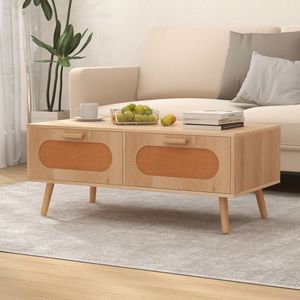 Table basse en rotin de style mid-century modern avec 2 tiroirs de rangement - Product Image 6