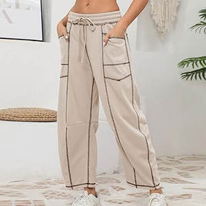 กางเกงขายาวทรงบาร์เรลขาบาน มีเชือกผูกเอวและกระเป๋า กางเกงจ็อกเกอร์ทรงโอเวอร์ไซส์ใส่สบายสำหรับผู้หญิง - Product Image 3