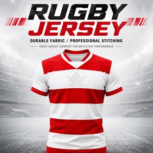 Maillot de rugby pour homme, rayé rouge et blanc, col en V, manches courtes, polyester respirant, vêtements de sport toutes saisons, coupe classique - Product Image 1