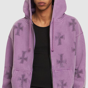 Men's Winter Purple <b>Cross</b> Printed Hooded Rhinestone 100% Cotton Tracksuit Full Length Drawstring Closure Casual Regular Fit - Product Image 4