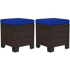 Pouf da Esterno in Rattan Blu Scuro a 2 Pezzi con Cuscini, Poggiapiedi e Tavolino Laterale per Patio e Bordo Piscina - Arredamento Premium per Esterni - Product Image 1
