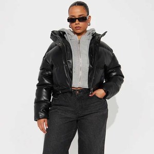 Warm Puffer <b>Jacket</b> Women Shiny Stand Collar Long <b>Sleeve</b> Solid Zipper Pocket <b>Short</b> Female <b>Jacket</b> - Product Image 4