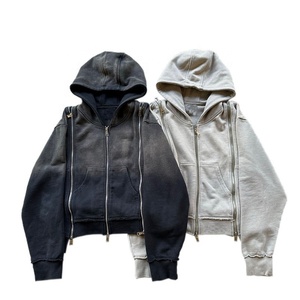 Streetwear OEM à la mode personnalisé, sweats à capuche vintage à fermeture éclair et manches zippées en éponge française pour hommes - Product Image 4