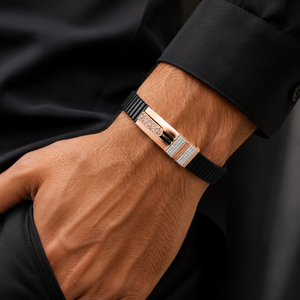 Bracelet extensible en or massif 18 carats avec accent en céramique noire et diamant, finition polie, bijoux de luxe modernes pour homme, cadeau de mariage ou de fête - Product Image 1