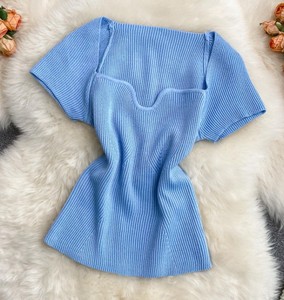 Blouses en tricot décontractées pour femmes, style été, mi-longues, à nœud simple, manches courtes, col carré, couleur unie, hauts de fête - Product Image 6