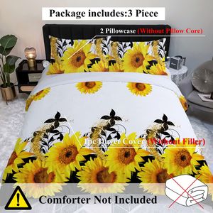 Set Copripiumino Girasole 3 Pezzi, Sfondo Bianco e Nero con Fiori Gialli, in Poliestere, Misura Twin, Decorazione per Camera da Letto Adulti - Product Image 4