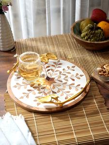 <b>Round</b> Wooden Storage <b>Tray</b> With Leaf Inlay Design Polished Finish <b>Table</b> Use Single Tier Modern Style wooden premium serving <b>tray</b> - Product Image 1