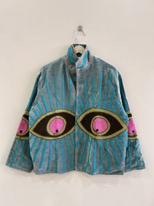 Suzani Knitted <b>Velvet</b> Embroidered Lightweight Breathable <b>Jacket</b> Mandarin Collar Full Sleeve Eye Pattern Boho Unisex Autumn Wear - Product Image 3