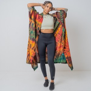 Tie Dye rayonne tissu Long Kimono Boho Style dame plage vacances d'été couvrir Sexy Resort porter femmes Kimono grande taille Kimono - Product Image 3