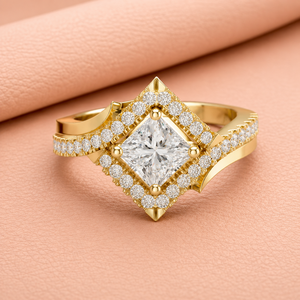 A luxurious princess cut halo diamond <b>ring</b> with split shank detailing <b>crafted</b> for radiant elegance and timeless beauty - Product Image 1