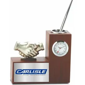 Trofeo de Saludo de Manos, Regalo Corporativo, Accesorio de Mesa y Organizador de Escritorio de Madera con Reloj - Product Image 1