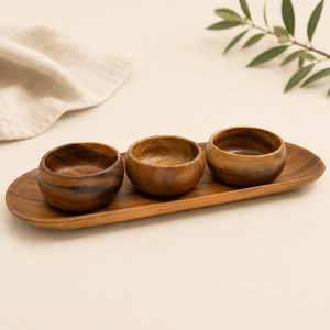 Handmade Eco-Friendly Acacia Wood Serving <b>Tray</b> Set with 3 Dipping Bowls Natural Polished Food-Grade Wooden Appetizer Platter - Product Image 1