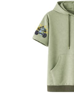 Sweat à capuche vert olive à manches courtes pour homme, pull décontracté, t-shirt à capuche, imprimé graphique, streetwear, mélange de coton, poche kangourou - Product Image 3