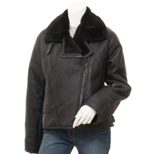 Women's <b>Genuine</b> Leather Shearling Moto Jacket With Fur Collar Zipper Closure Winter Outerwear - Product Image 1