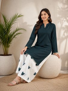 Green Cotton <b>Kurta</b> Set With Butterfly Printed Palazzo Pants <b>Women</b> Loose Fit Casual Ethnic Wear India Pakistan Ankle-Length - Product Image 6