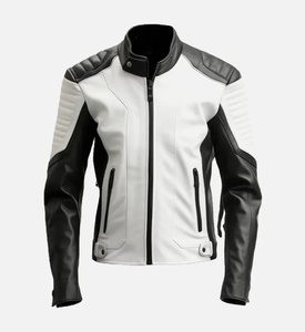 Men's White Black Leather Motorcycle <b>Jacket</b> Stand Collar <b>Zipper</b> Closure Moto Biker Style Autumn Wear - Product Image 1