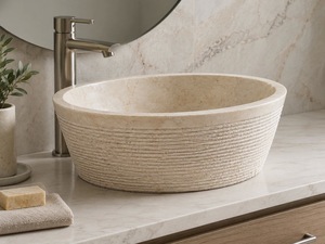 Natural <b>Round</b> Chiseled Marble Sink Handmade Stone Vessel <b>Basin</b> for Luxury Bathroom Hotel Vanity Wholesale Supplier - Product Image 4