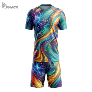 Ensemble d'uniformes de football personnalisés par sublimation, maillot et short de football pour hommes, motif abstrait psychédélique, kit d'équipe ondes néurales néon - Product Image 1