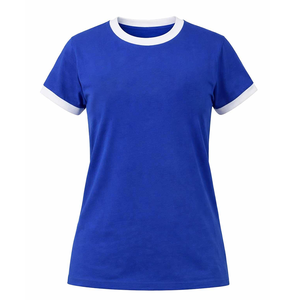 Camiseta Azul de Manga Corta con Ribete en Contraste Blanco, Cuello Redondo, Corte Regular, Estilo Casual, Color Sólido - Product Image 1