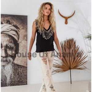 Haut en lin noir à franges, vêtements bohèmes pour femmes, haut en lin hippie bohème, haut en lin bio, cadeau pour elle pour les festivals Goa Ibiza - Product Image 2