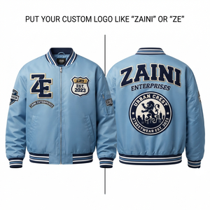 Chaqueta Bomber Varsity de Satén Premium de 320 GSM con Cuello Alto, Color Azul Claro, Logotipo Bordado en Chenilla Personalizado en la Parte Delantera - Product Image 1