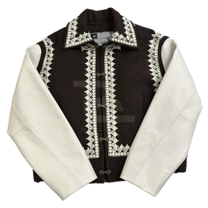 Custom made casual <b>Men's</b> <b>Jacket</b> With <b>White</b> Embroidered Pattern Turn-down Collar button Closure Vintage style oversized fit - Product Image 1