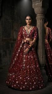 Lehenga Choli en soie brodée de fleurs rouges, sans plis, avec dupatta, tenue traditionnelle indienne pour mariage, Diwali, fête, pour femmes - Product Image 1
