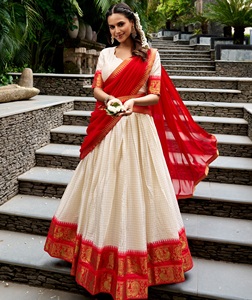 Ivory <b>Red</b> Poly Cotton Lehenga Choli Set Zari Weaving Work Traditional Indian Outfit Wedding Party Festive Wear <b>Women</b> Recycled - Product Image 1