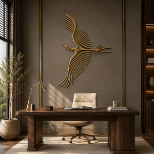 Sculpture murale en aluminium d'oiseau doré, art métallique contemporain, décoration intérieure pour la maison ou le bureau, accent suspendu artisanal - Product Image 3