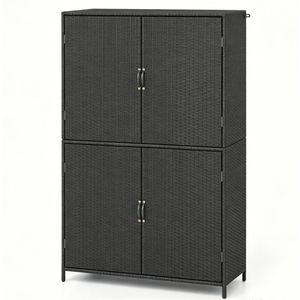 Armadio da Esterno in Rattan PE con Ripiani Regolabili, Casetta Porta Attrezzi Anti-Ribaltamento per Giardino, Patio, Cortile, Bordo Piscina - Nero - Product Image 6