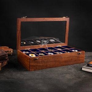 AHTE MANUEXPO Men's Indian Rosewood Watch & Jewelry Display <b>Box</b> with Velvet Lining Glass Lid 12-Slot Organizer Solid Gift UR-065 - Product Image 1