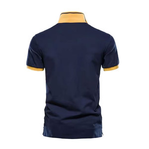 Men's <b>Navy</b> Blue Yellow Short Sleeve Polo Shirt Embroidered Logo Preppy Style Regular Fit Breathable Cotton Oxford Fabric - Product Image 2