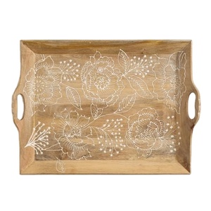 Handcrafted wooden floral serving tray vintage style wooden platter rustic breakfast <b>tea</b> coffee snack server with handles - Product Image 1