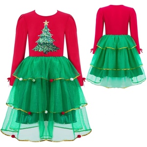4-16 Enfants Filles Costume de Noël à manches longues Imprimé Sapin de Noël Pompons Ornés Vert Robes Party Club Robes - Product Image 1