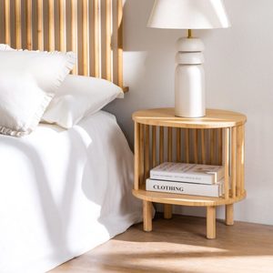 Mesita de Noche Redonda Moderna de Bambú con Estante Abierto, Gabinete de Dormitorio Estilo Japonés - Product Image 1