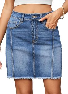 Jupe mini en jean taille haute, couleur unie, délavée, coupe crayon décontractée pour femme, taille standard, style été - Product Image 3