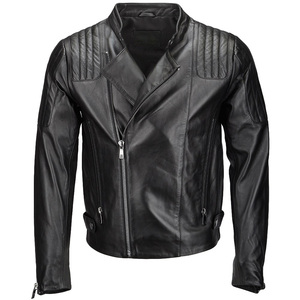 Men's Black Genuine Leather Moto Biker Jacket Stand Collar Zipper Closure Regular Sleeve Slim Fit Autumn Style - Product Image 1